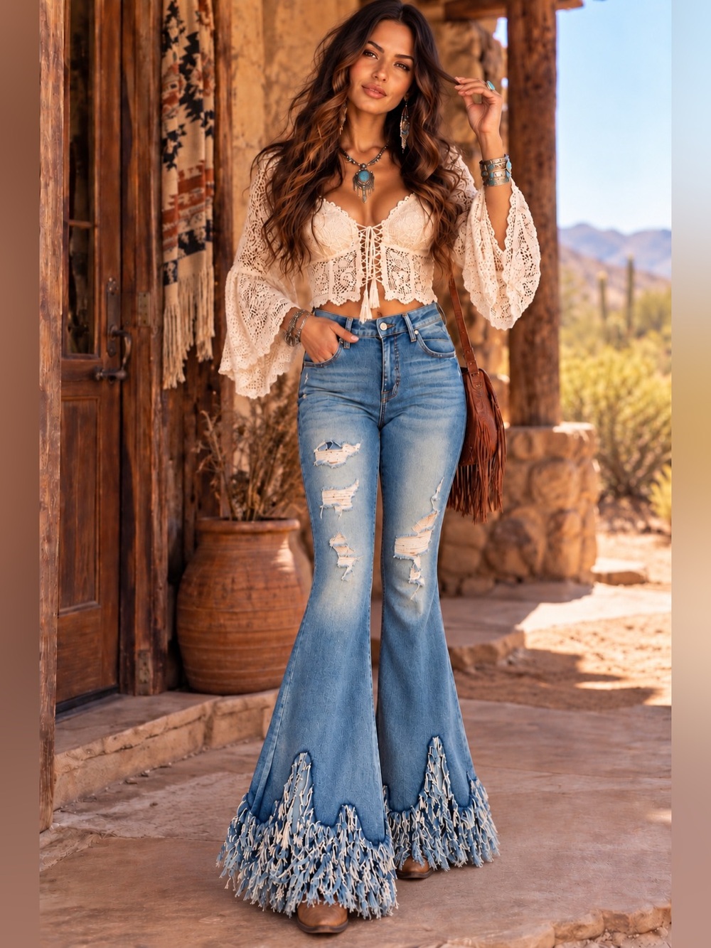 Grace in LA High Waist Distressed Fringe Bell Bottom Jeans Size 30